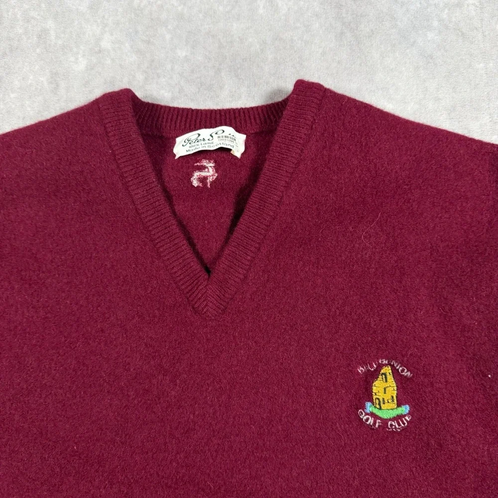 Vintage Peter Scott Lambswool V-Neck Sweater Burgundy Old Reunion Golf Club